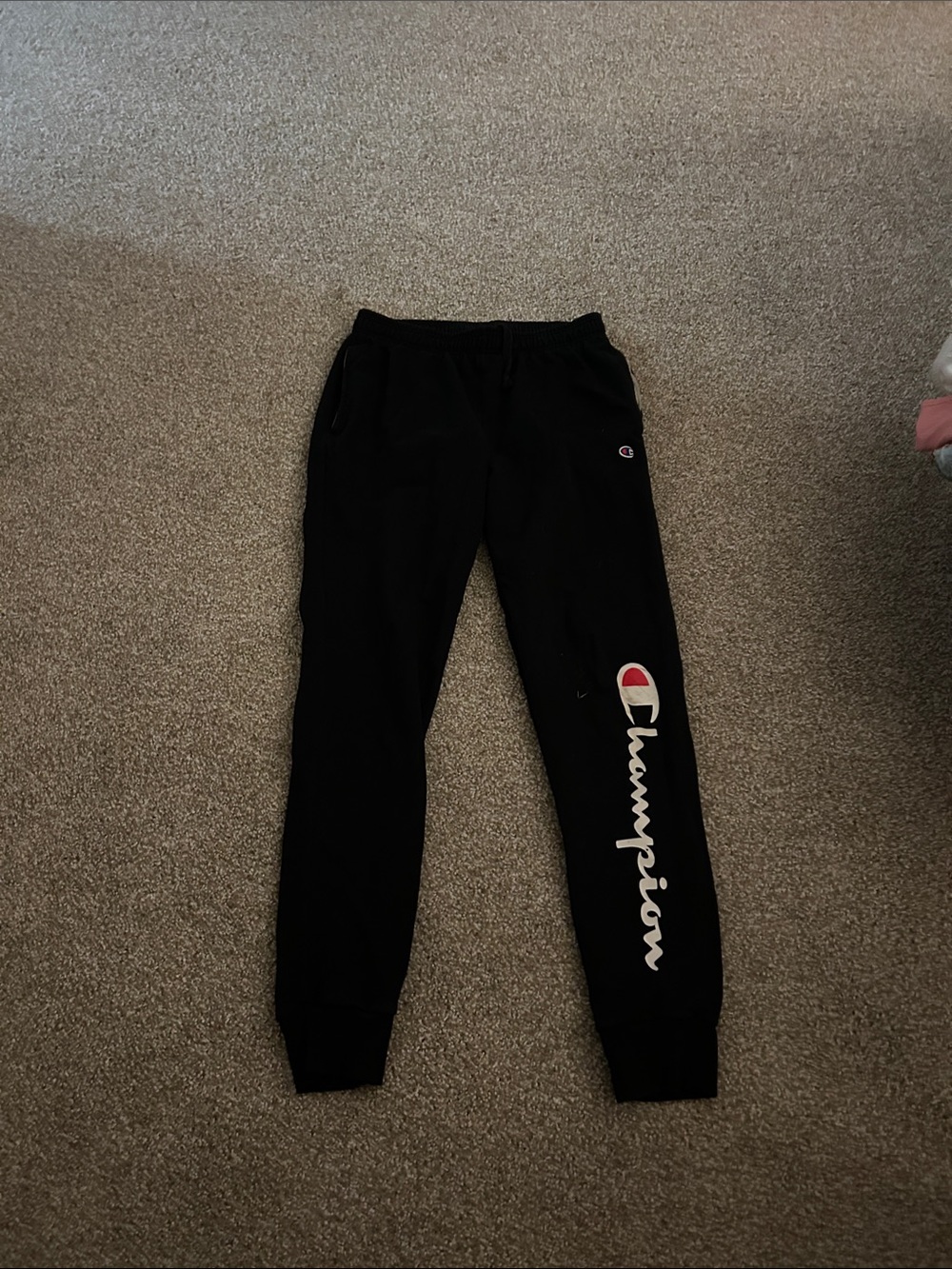 Champion Black Joggers with White Script Logo and Red Accent